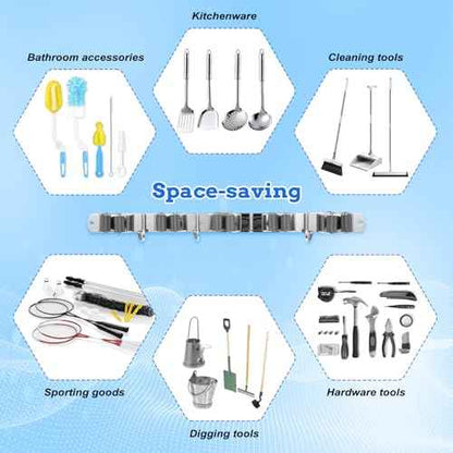 2 Pack Heavy Duty Wall Mount Broom Holder ? Stainless Steel with 5 Racks & 4 Hooks Broom Organizer? Self-Adhesive or Screw Mount Mop Holder for Garage, Laundry, Kitchen ? Silver