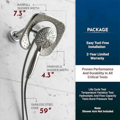 PRIMSOPH Shower Head Handheld Spray Combo 10 Mode Spray Settings Magnetic 2-in-1 High Pressure Dual Showerhead Auto-Switch Square Combination, Brushed Nickel