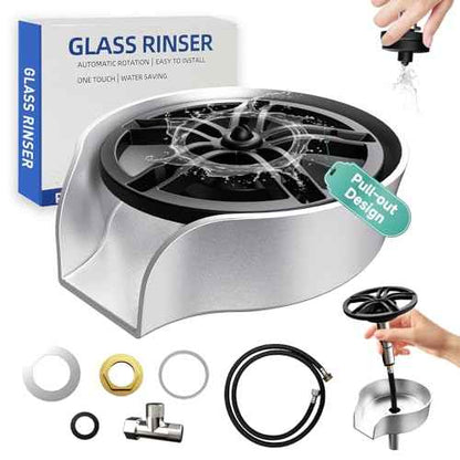 Glass Rinser for Kitchen Sink, High Pressure 360 Degree Rotating Spout Glass Rinser with Pull-out Spray Gun Design, Glass Cup Cleaner Sink Attachment Washer Baby Bottle, Glass Cup, Wine Glass (Silver)