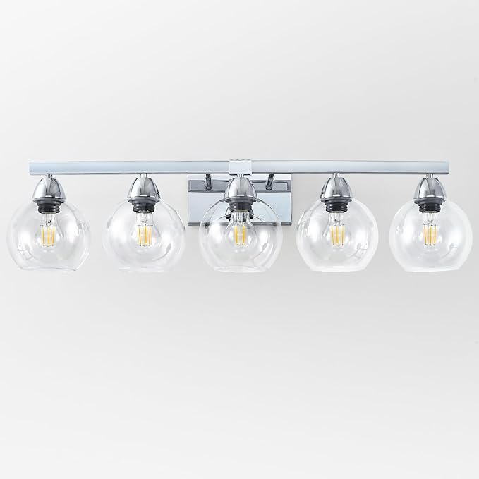 5-Light Bathroom Light Fixtures, Silver Vanity Light with Ultra-Clear Hand-Blown Glass, Durable & Elegant, Wall Lamp for Mirror, Bedroom, Kitchen