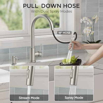 FORIOUS Kitchen Faucet with Pull Down Sprayer, Classic Single Hole Kitchen Sink Faucet with Deck Plate, Brushed Nickel Single Handle, High Arc Stainless Steel for RV Bar Farmhouse Laundry Outdoor