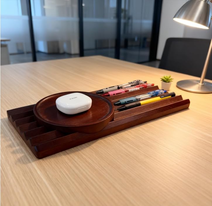 JUTSTJUKO Pen Holder Wave Pen Tray Wooden Desk Organizer,Pencil Holder,Fountain Tray,Pencil Organizer for Desk (Walnut)