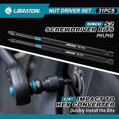LIBRATON 31PCS Magnetic Nut Driver Set, 1/4" Impact Drill Driver Bit Set, Long Nut Drivers 6INCH, Metric & SAE Nut Drivers for Impact Drill, Socket Set, Impact to Hex Converter, PH1, PH2, Storage Box