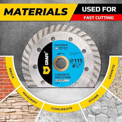 4 1/2 Inch Diamond Cutting Wheel for Angle Grinder Arbor 7/8"-5/8" ? Turbo Diamond Blade for Stone, Marble, Granite, Brick, Masonry, Concrete ? Diamond Saw Blades GRAFF