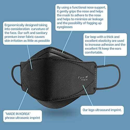 PUREMATE [30 Packs Made in Korea KF94 Face Mask White Black Individual Wrapped Filter Efficiency ¡Ã 94%