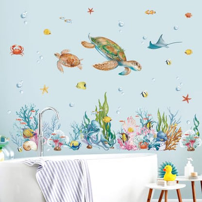 wondever Ocean Grass Seaweed Wall Stickers Under The Sea Turtle Coral Reef Tropical Fish Wall Art Decals for Baby Nursery Kids Bedroom Bathroom