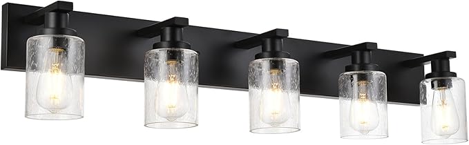 5-Lights Farmhouse Bathroom Vanity Light in Black Finish Wall Mount Lighting Fixtures with Seeded Glass for Mirror Cabinet Kitchen Bedroom