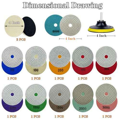 4 Inch Diamond Polishing Pads Kit, 15PCS Wet/Dry 50-6000 Grit for Granite, Concrete, Marble, Quartz, Stone ? Works with Drill, Grinder, Polisher, Includes 5/8¡¯¡¯-11 Backer Pad