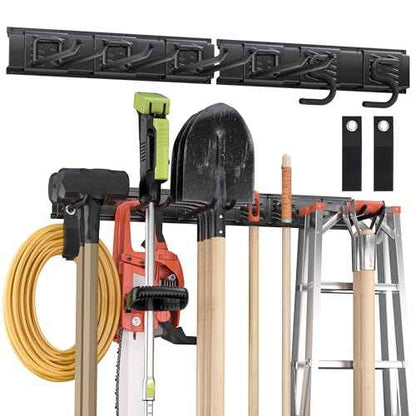 Garden Tool Organizer Wall Mount, 32 inches Tool Storage Rack with Adjustable Hooks, 600lbs Adjustable Heavy Duty Metal Hooks, Yard Shed Rack Holder System Hanging Rake Broom Mop Snowboard, Men Gift