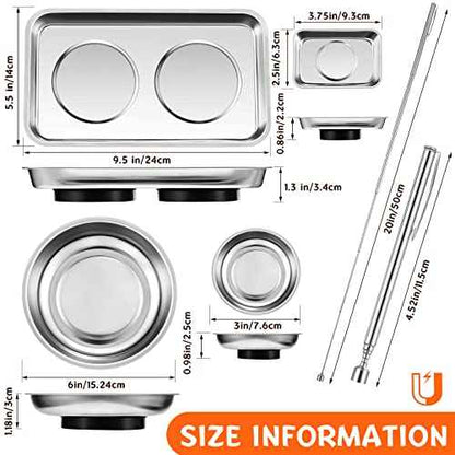 Geiserailie 4 pcs Magnetic Tray with Magnetic Pin Screw Bolt Holder Round Magnet Parts Bowl Stainless Steel Pickup Tool Tray for Mechanic's