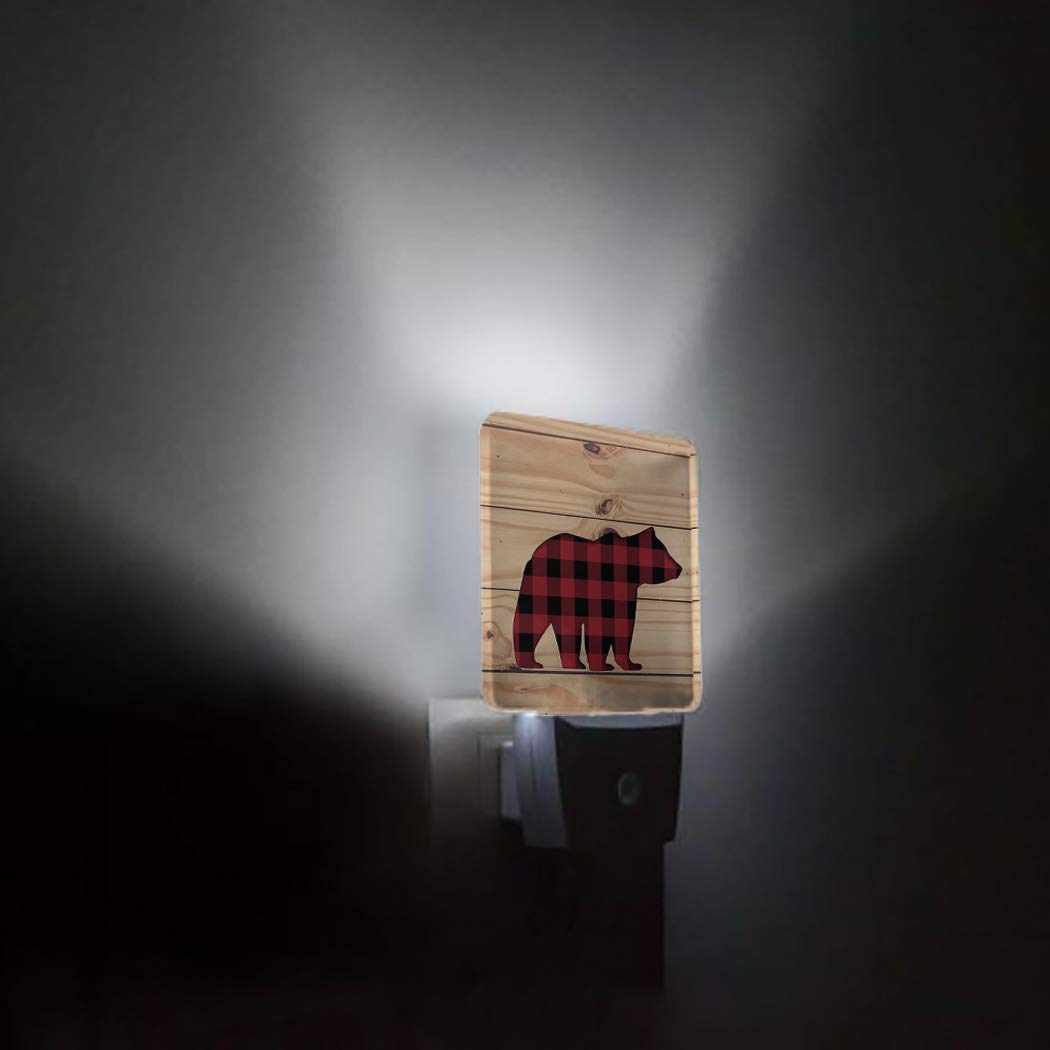 Plug-in LED Night Lights Lamp Buffalo Check Plaid Bear Wood Rustic Printed Auto Dusk-to-Dawn Sensor for Bedroom, Bathroom, Kitchen, Nursery,Hallway,Stairs,Wall Home Decor, Red Black