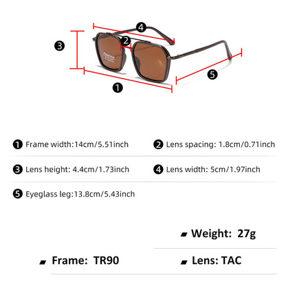 Metal Square Frame Sunglasses Big Tr90 Double Bridge Polarized Sun Glasses TAC Lens Unisex Glasses, Brown