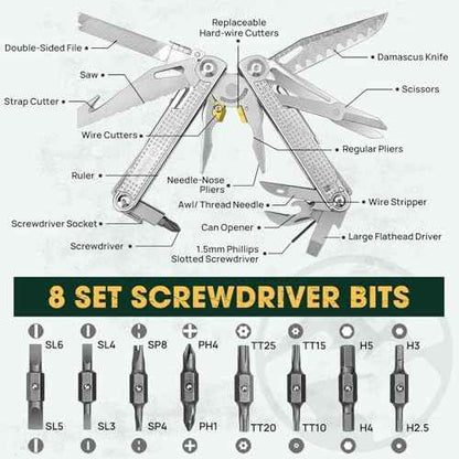 Multitools Pliers Pro, Upgraded Multi Tool With Damascus Knife, Replaceable Wire Cutters and Screwdirver Set, Foldable Multitools with Scissors, Screwdriver, Ideal for Camping,Survival, Repair