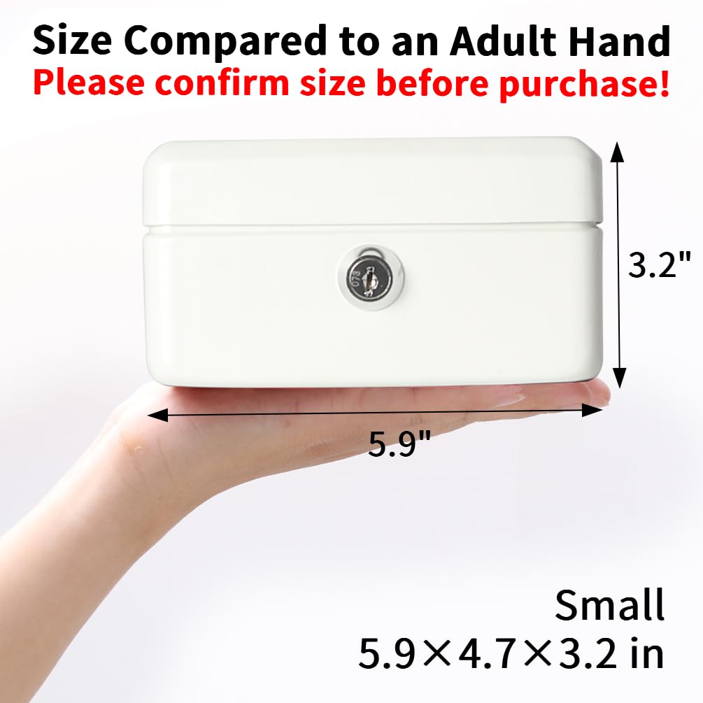 Decaller Small Cash Box with Key Lock, Double Layer Metal Money Box for Home Security, Portable Locking Box, 5.9" x 4.7" x 3.2", White