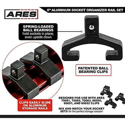 ARES 60064-3-Piece 1/4-Inch Drive 6-Inch Aluminum Socket Rail Set - Includes Red, Blue, and Black Rails - Each Aluminum Rail Stores up to 5 Sockets