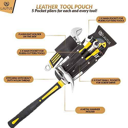 LAUTUS 5 Pockets Pliers & Hammer Holder| Oiled Tanned Leather Holder |Carpenter, Construction, Framers, Handyman| Heavy Duty|