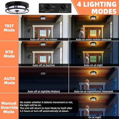 12IN Motion Sensor LED Ceiling Light, Modern Flush Mount Ceiling Light Fixtures, 3CCT 3000-5000K Dusk to Dawn Motion Sensor Outdoor Lights Waterproof for Porch Entryway Garage, Black
