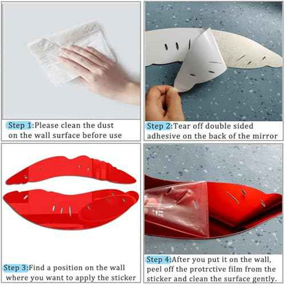 4 Sets 3D Large Lips Mirror Wall Stickers, Kiss Shape Wall Art Decals, Acrylic DIY Self-Adhesive Wallpaper Murals for Bedroom, Living Room, Bathroom Home Decor (2 Pcs Silver and 2 Pcs Red)