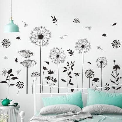 Black Flower Wall Decals Peel and Stick Simple Boho Flower Wall Sticker Wildflower Plants Dandelion Wall Decor Removable Vinyl Wall Mural for Girl Room Bedroom Living Room Home FX-C413