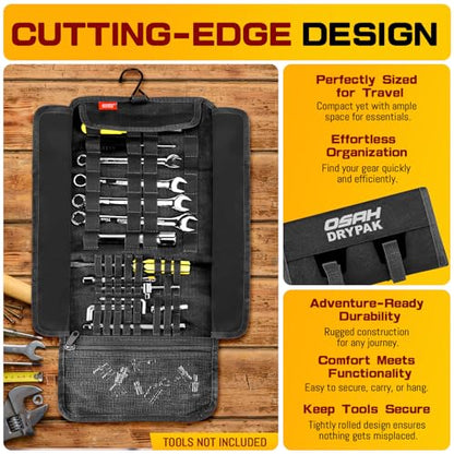 Motorcycle Tool Roll Bag - Roll-Up Tool Pouch Wrench Sturdy Organizer Handlebar Tool kit for Harley, Enduro, Dirt Bike, UTV, and Motorcycle Accessories Gear, Tools Not Included