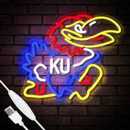 University Basketball Team Neon Sign, Light Up Dimmable College Kansas Hawk Team Logo Led Neon Sign Light Hanging for Wall Decor, Bedroom, Dormitory, Man Cave, Birthday Christmas Gift