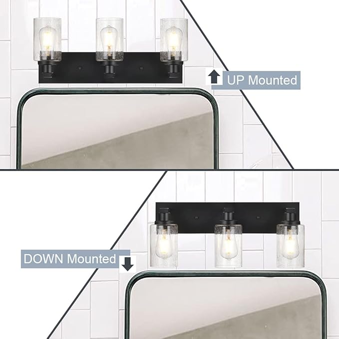 Vanity Lights 3-Lights Bathroom Light Fixtures Over Mirror in Black Finished, Bath Wall Lighting with Cylinder Seeded Glass
