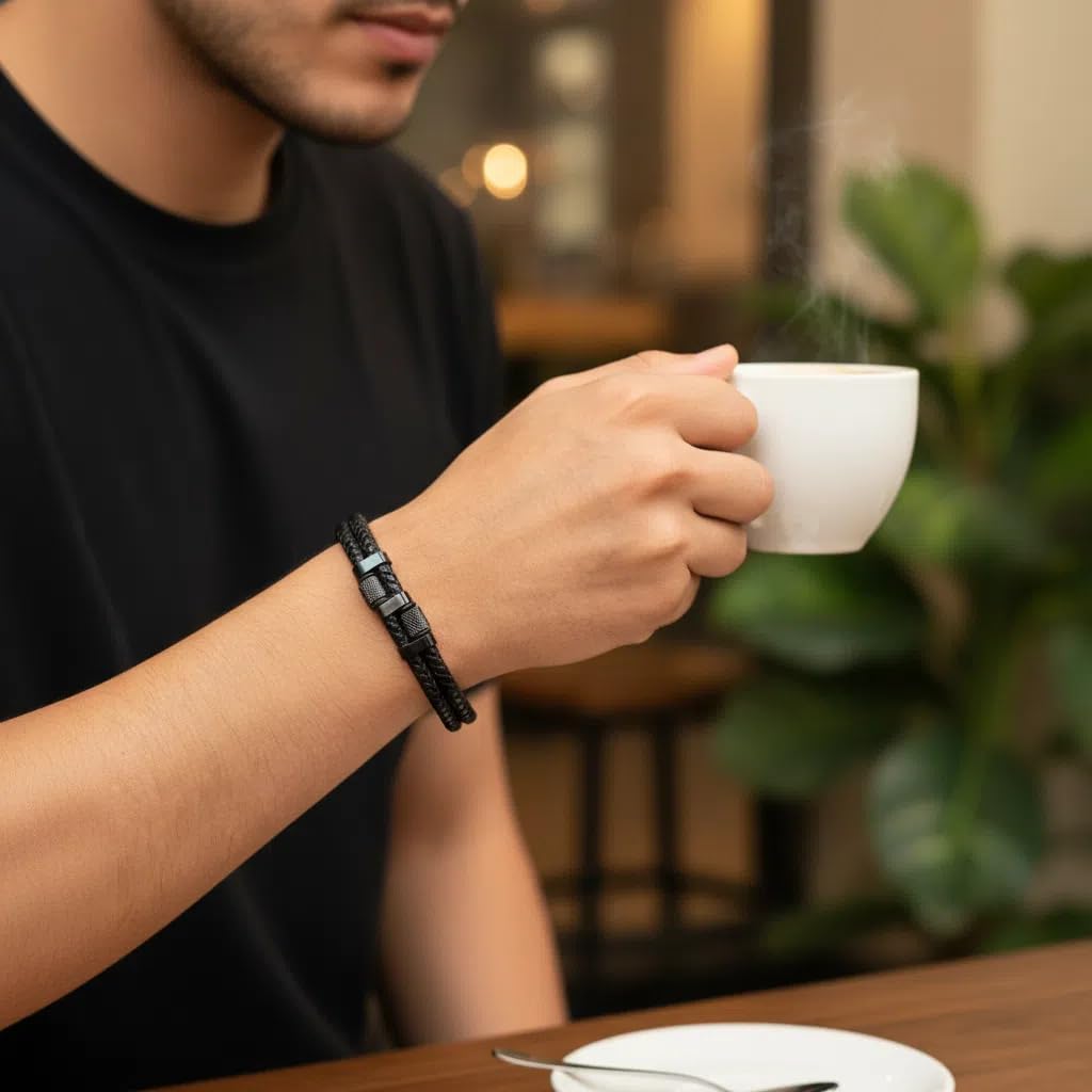 HAVRESSE black genuine leather bracelet for men with adjustable stainless steel magnetic clasp - multi-layer braided rope design - stylish bracelet for men Fits wrist sizes 6.1-7.5 inches.