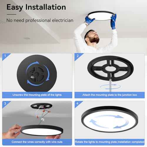 4 Pack 12 Inch Dimmable LED Flush Mount Ceiling Light Fixture 28W 3200LM 5 Color Temperature in One Super Slim Round Ceiling Lamp Low Profile Ceiling Lights for Living Bedroom Kitchen Laundry Black