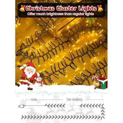 75FT 1500 LED Christmas Cluster Lights, Firecracker String Lights with Remote & 8 Modes & Timer, Waterproof Fairy Twinkle Light Plug in for Indoor Outdoor Party Garden Xmas Tree Decoration, Warm White