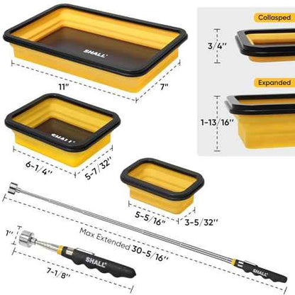 SHALL Collapsible Magnetic Tool Parts Tray and Telescoping Magnetic Pickup Tool Set, 3-Piece Silicone Foldable Magnetic Bowls & 25LBS Force Extendable Magnet for Mechanic Screw Bolts Nuts Washers Pins