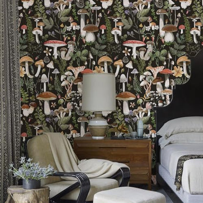 GaliGali Peel and Stick Wallpaper, Contact Paper for Bathroom/Home Decor£¬Black Boho Floral Wallpaper, Mushroom Removable Vinyl Waterproof Self-Adhesive Contact Paper, 17.3"x118", NO.A00121A-3