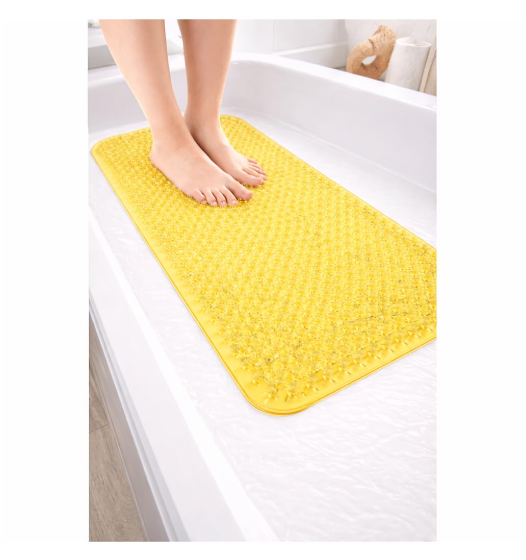 Grass Textured Spa Quality Foot Scrubber Bathmat Bathroom Tub & Bath Mat Anti-Slip 24.5" x 13.5" (Yellow)