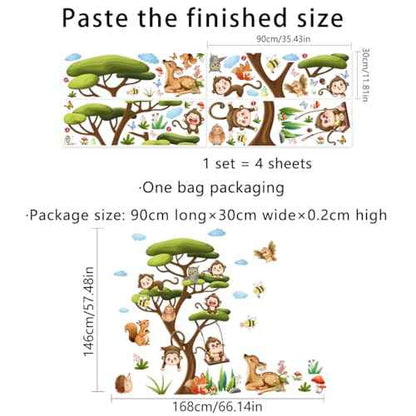 66.14 x 57.48 Inch Large Jungle Green Tree Wall Stickers Wild Monkey on The Tree Branches Wall Decals DIY Safari Sika Deer Owls Squirrels Grass Animals Decor for Kids Baby Bedroom Living Room Nursery
