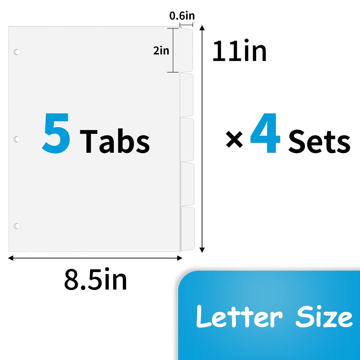 Binder Dividers for 3 Ring Binder, 1/5 Cut Tabs, Letter Size, Blank Write On Page Dividers with 5 Big Tabs for School Office Home, 4 Sets, 20 Dividers, White