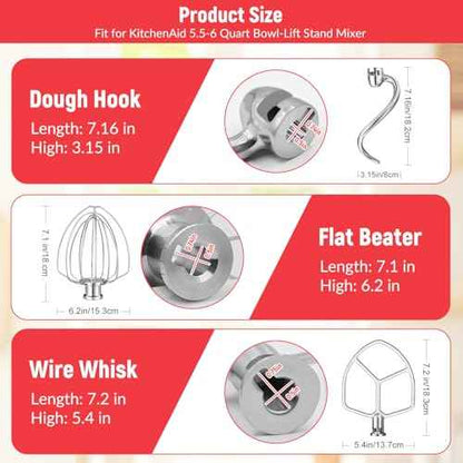 Kitchen Mixers Accessories for KitchenAid Mixer, 6 QT Dough Hook K256WW Wire Whip and Flat Blade Paddle Stainless Steel Attachments for Kitchen aid 5.5-6 Quart Tilt-Head Aid Stand Mixer