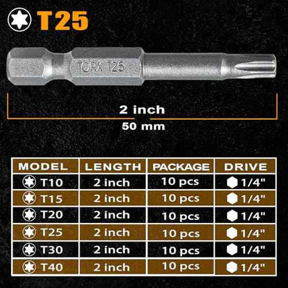 10Pcs T25 Torx Bits Magnetic Set, 2 Inch S2 Steel Star Screwdriver Bits with 1/4" Hex Shank in Storage Box For Impact Driver Ready & Home Repair