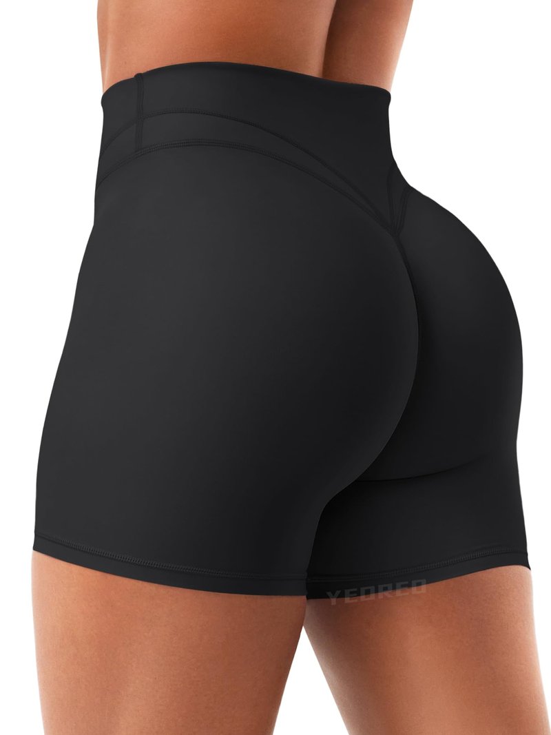 YEOREO Women Workout Yoga Shorts 4.5" No Front Seam Hidden Scrunch Almiy High Rise Buttery Biker Shorts Black S