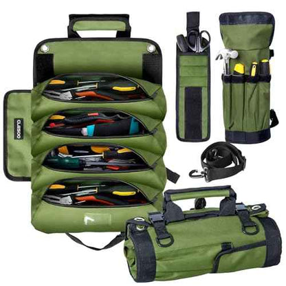 Roll Up Tool Bag Organizer 10 Pocket Tool Roll Heavy Duty Electrician Tool Bag for Men Dad Handyman Magnetic Wristband Mechanic Tool Storage Bag Rollup Pouch Car Tool Carrier Plumber Gadget Bag Green