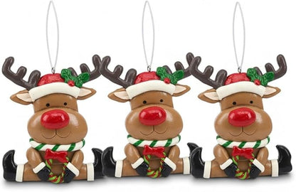 Set of 3 Cute Reindeer Hanging Christmas Tree Ornaments - Hand-Painted Resin Holiday Home Decor & Gift - Durable, Lightweight Xmas Decoration for Family, Friends, Teachers (Deer)