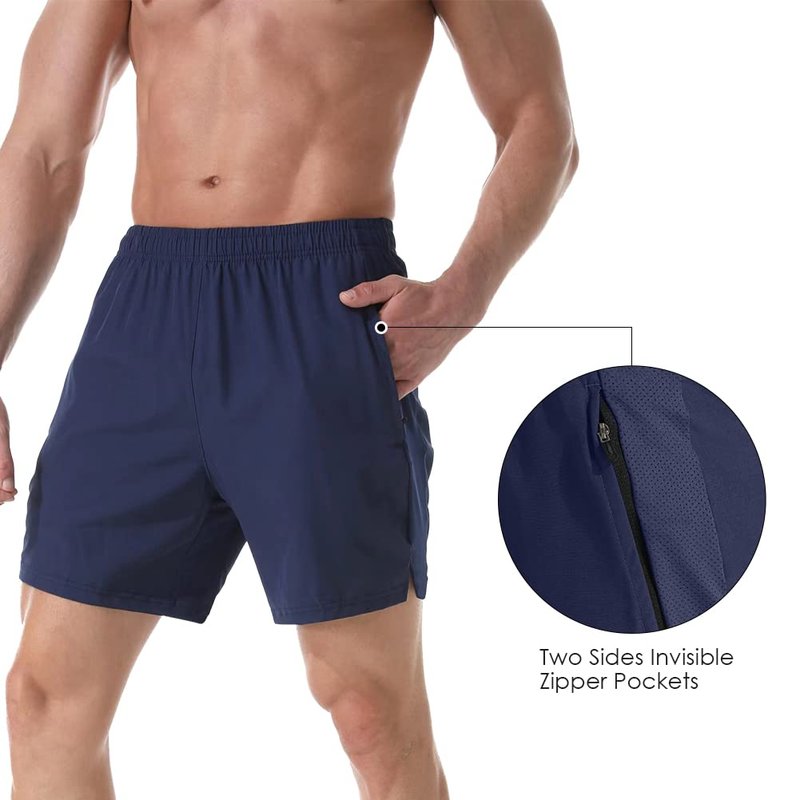 Gerlobal Men's 7" Athletic Running Shorts Lightweight Quick Dry Gym Workout Shorts with Zipper Pockets Navy,Large