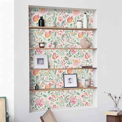 Colorful Peel and Stick Wallpaper Kids Cute Floral Contact Paper for Cabinets Self Adhesive Removable Contact Paper Fun Flower Garden Wallpaper for Bedroom Bathroom Waterproof 17.3inW 78.7inL