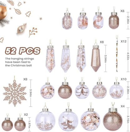 SHareconn 52pcs Christmas Balls Ornaments Set, Shatterproof Plastic Clear Decorative Baubles for Xmas Tree Decor Holiday Wedding Party Decoration with Hooks Included, Champagne