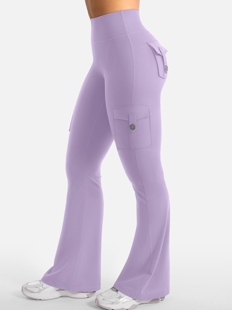 YEOREO CoreFlex Women Workout Flare Leggings with Pockets Hidden Scrunch High Waisted Cargo Gym Yoga Leggings Fog Purple M