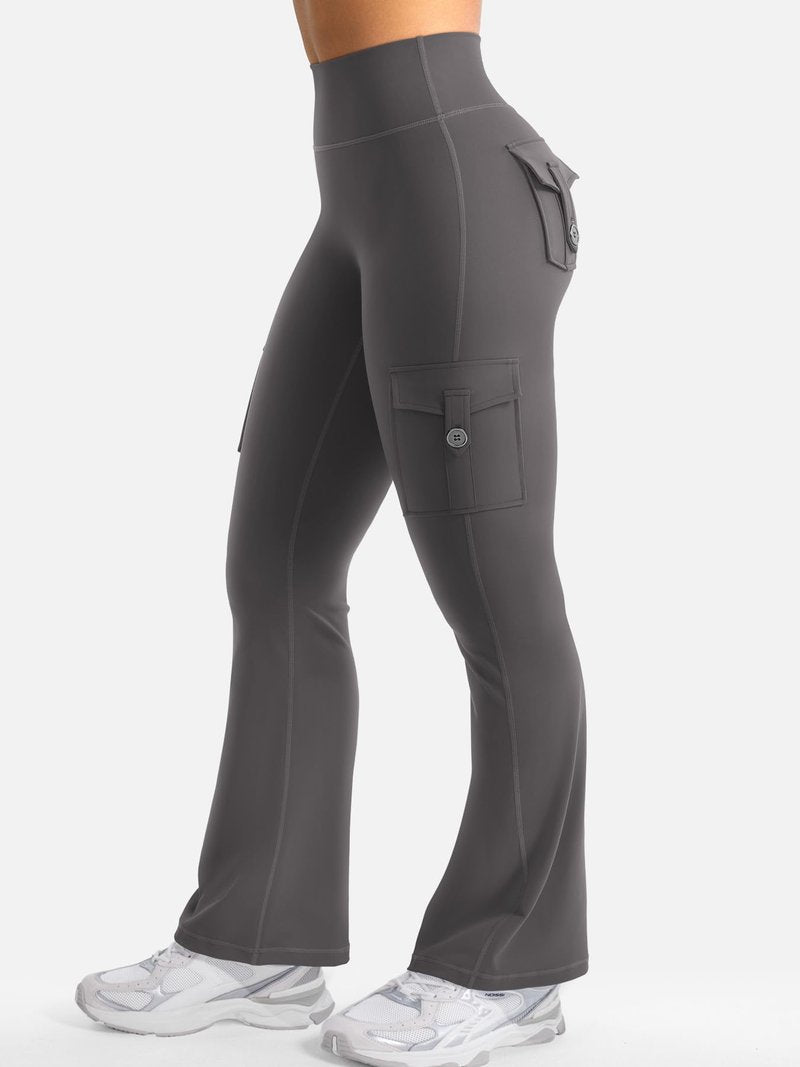 YEOREO CoreFlex Women Workout Flare Leggings with Pockets Scrunch Cargo Gym Yoga Leggings Dark Grey M