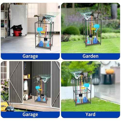 Garden Tool Organizer - Yard Tool Storage and Organizers, Utility Rack with 3 Hooks, Garden Yard Tool Stand Tower Racks, Tool Holder for Broom, Shovel, Rake, Mop, Garage Organization, Black
