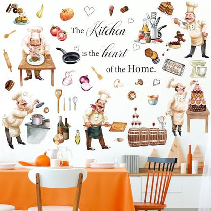 Chinco Chefs Peel and Stick Wall Decals Italian Fat Chefs Cooking Wall Sticker Wine Cake for Kitchen Restaurant Dining Room Home Decoration, 6 Sheets