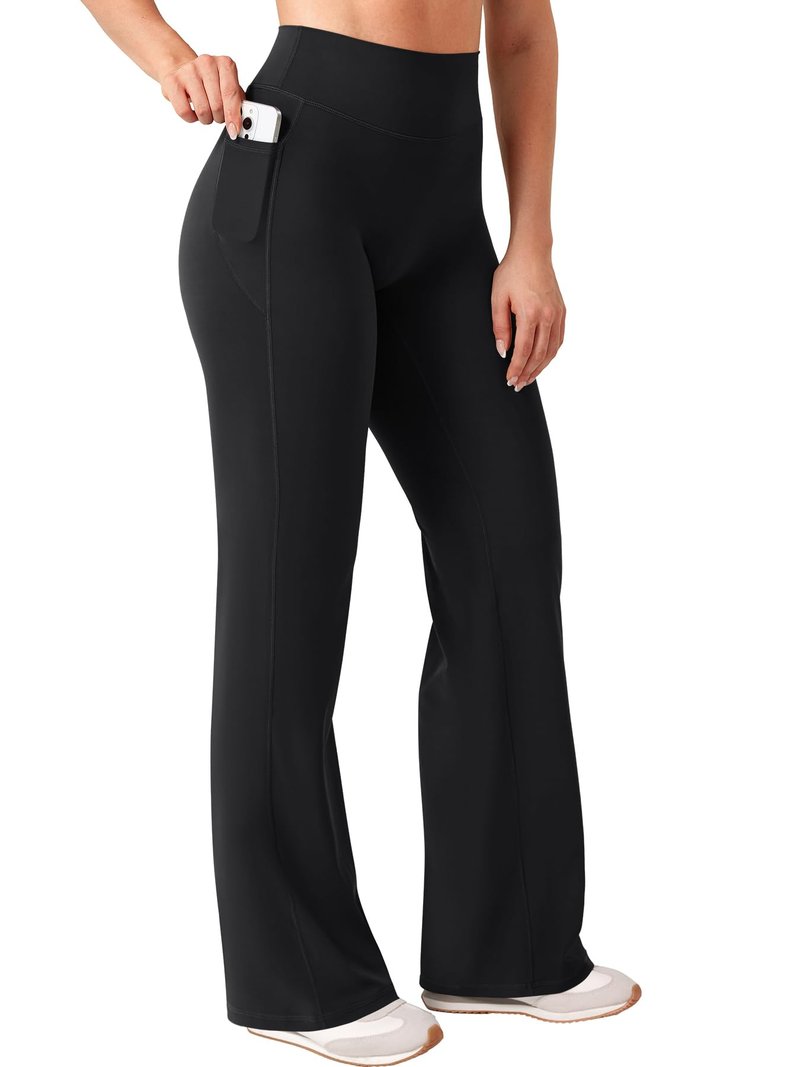 YEOREO Ease Workout Leggings with Pockets for Women No Front Seam Straight Leggings High Waist Wide Leg Yoga Pants 31.5" Black S