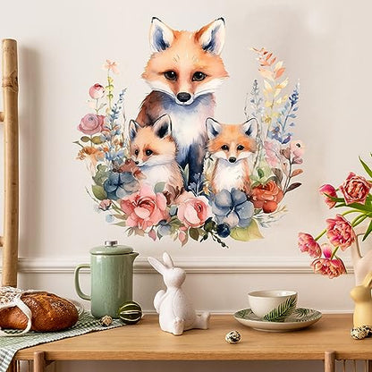 Watercolor Fox Family with Flowers Wall Decal Adorable Nursery Animal Wall Sticker Removable Waterproof Easy Peel and Stick Perfect for Kids Baby Room Classroom Living Room Bedroom Preschool