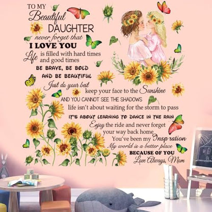 Inspirational Quote Decal for Daughter - Removable Peel & Sticker Vinyl Wall Sticker, Floral Theme for Bedroom, Playroom, Living Room - Yellow