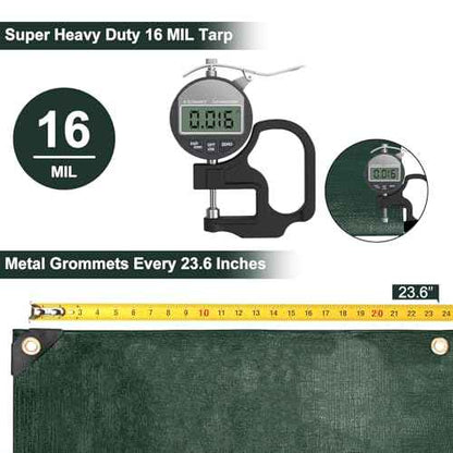 Tarp 10x20 Feet, 16 Mil Large Waterproof Tarps Heavy Duty with Brass Grommets, Thick Plastic Tarp, UV Resistant Tear&Fade Resistant, Reinforced Edges for Outdoor Pool Car Camp Tent